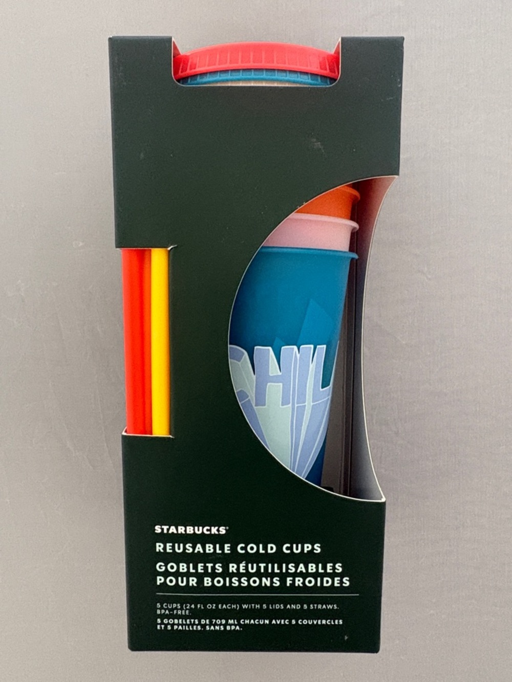 New Starbucks Reusable Cold Cups Set - Blue, Orange, Pink, Red, Yellow 5 cups